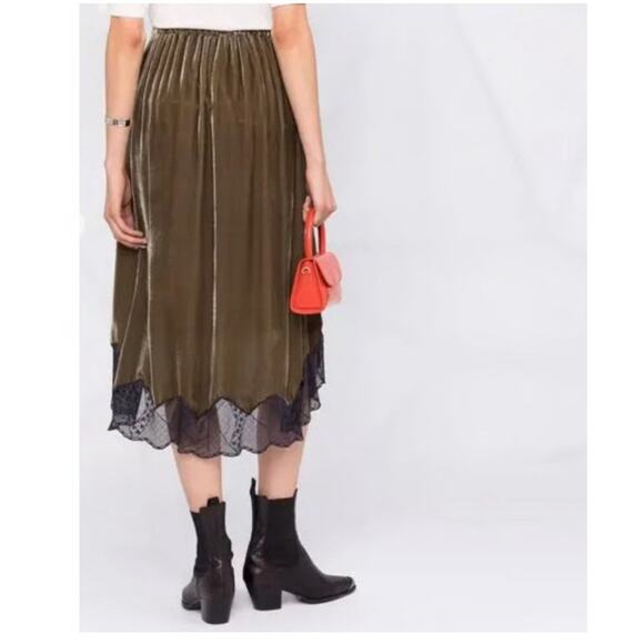 Zadig & Voltaire Joslin Velvet Midi Skirt Brown Green High Low Lace Trim Sz 36/S - Picture 4 of 16